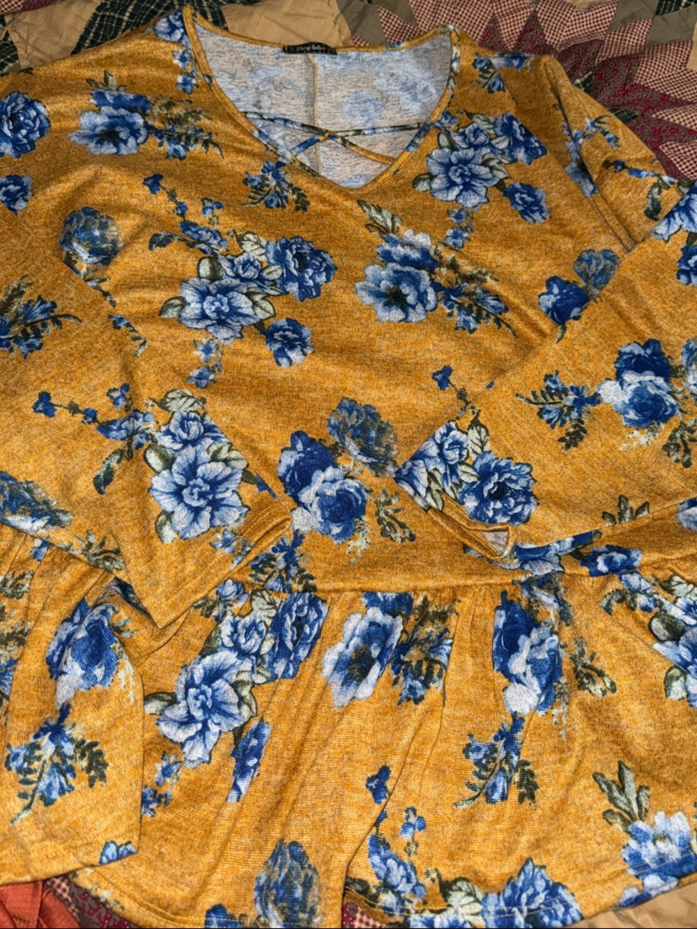 Crisscross V‑Neck Floral Sweater Top in Mustard and Blue